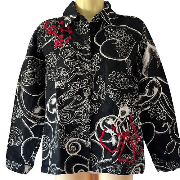 Chico’s 0 Black, White & Red Print Jacket Woman Size 4 Linen Blend Button Front - Picture 1 of 10